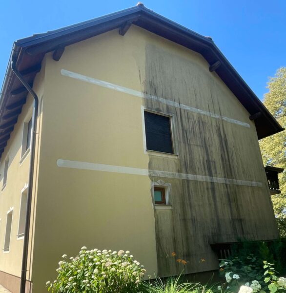 čiščenje fasade pred in po – polovica fasade očiščena za prikaz razlike in cene